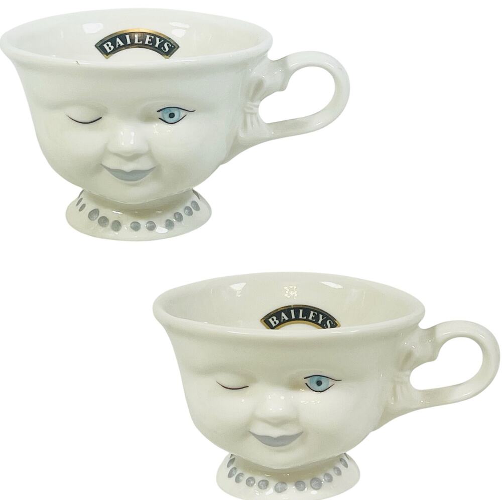 Vintage Baileys Winking Face Cup Mug Pearl Necklace Silver Trim 2 Pc Pair Lot